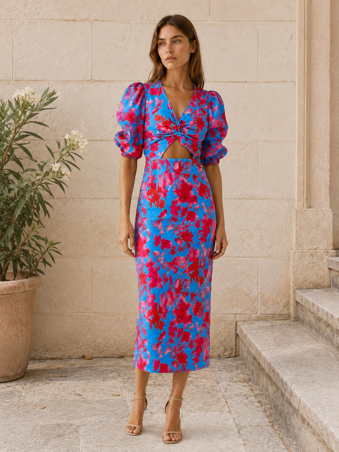 Eryva | Midi Dress with Puff Sleeves Cut-Out Detail