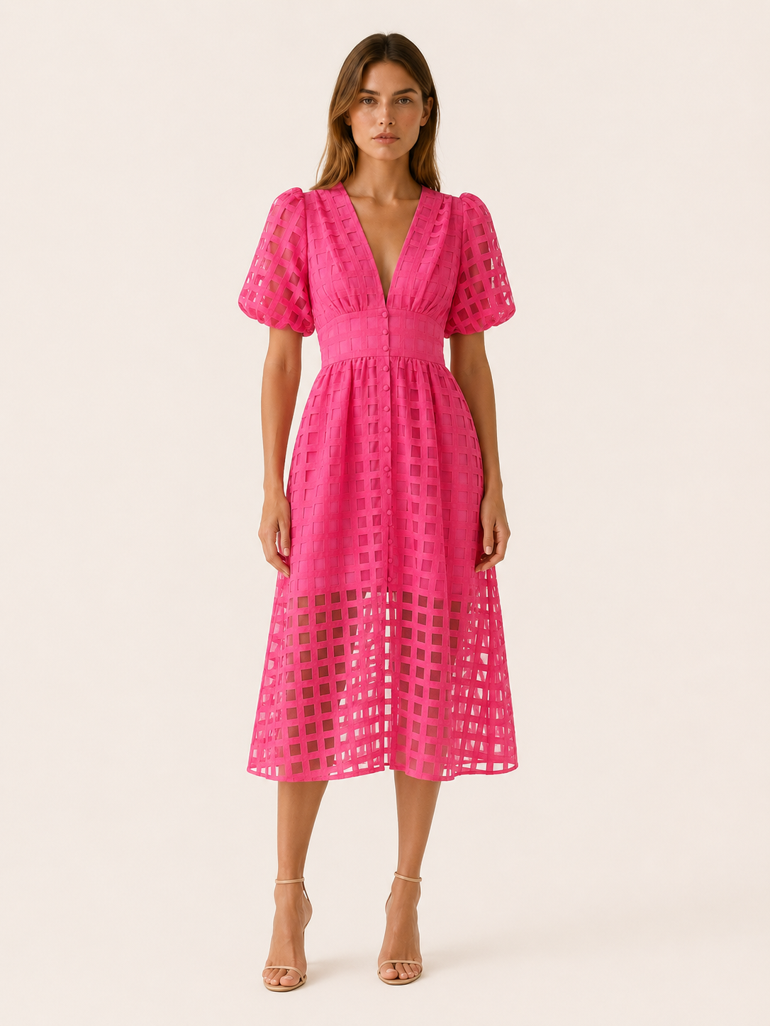 Everly | Chiffon Midi Dress with Puff Sleeves Grid Detail