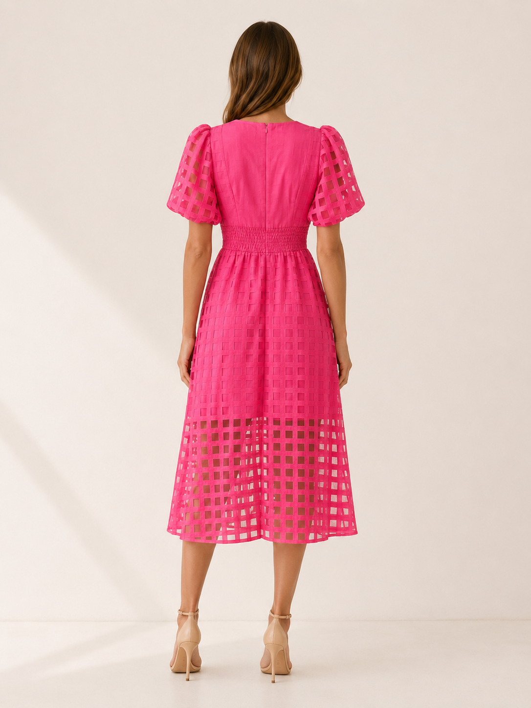 Everly | Chiffon Midi Dress with Puff Sleeves Grid Detail