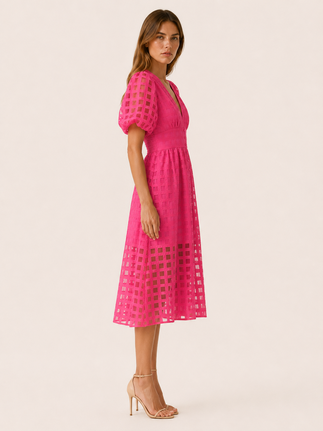 Everly | Chiffon Midi Dress with Puff Sleeves Grid Detail