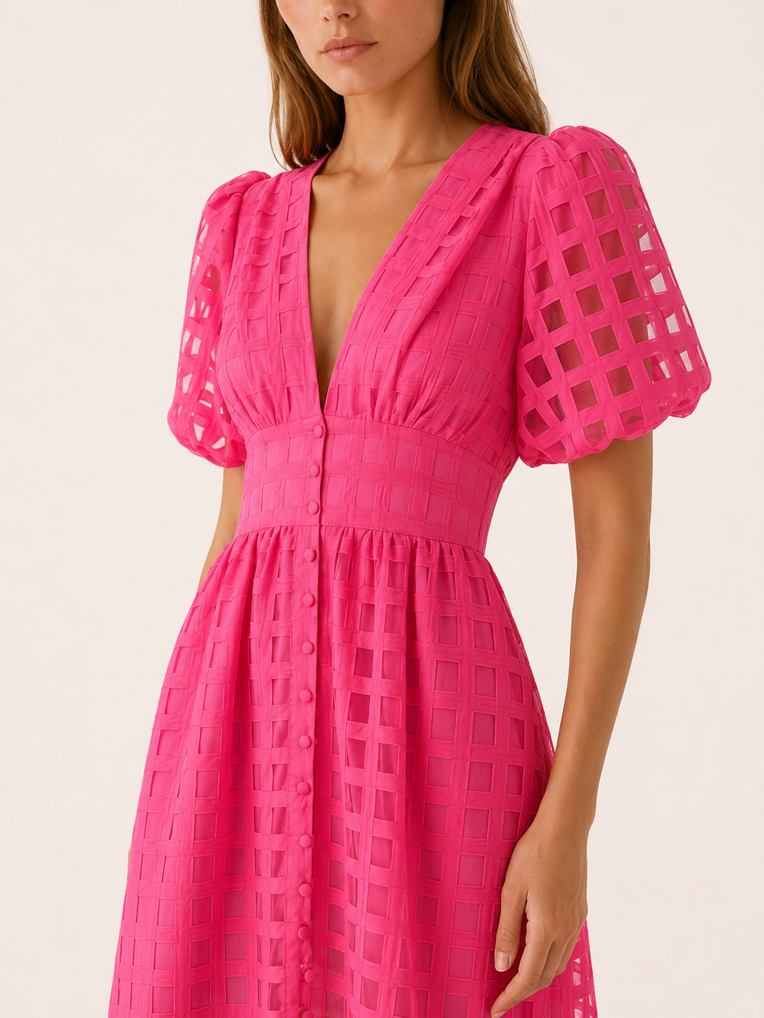 Everly | Chiffon Midi Dress with Puff Sleeves Grid Detail