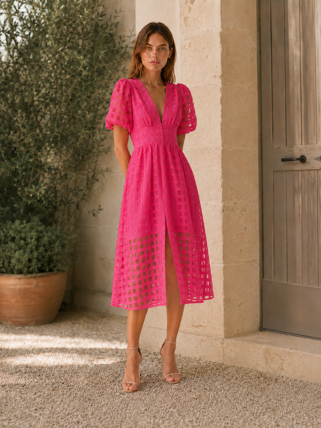 Everly | Chiffon Midi Dress with Puff Sleeves Grid Detail