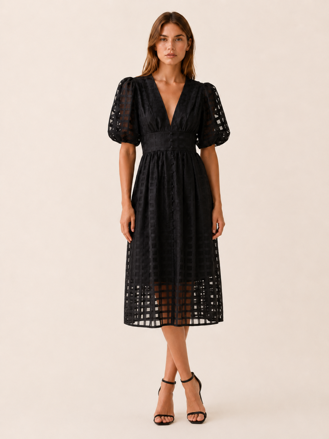 Everly | Chiffon Midi Dress with Puff Sleeves Grid Detail