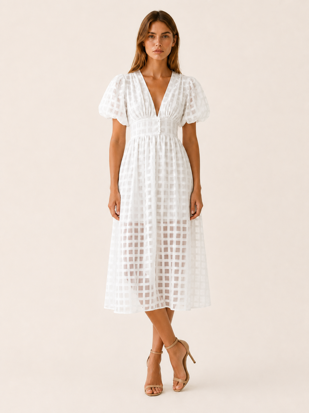 Everly | Chiffon Midi Dress with Puff Sleeves Grid Detail