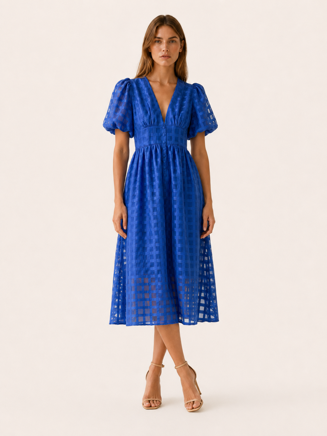 Everly | Chiffon Midi Dress with Puff Sleeves Grid Detail
