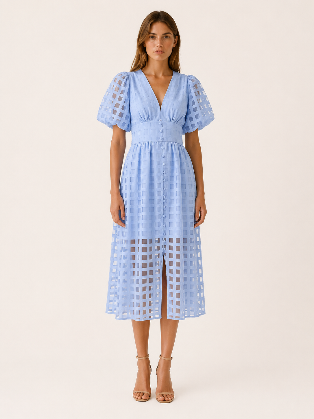 Everly | Chiffon Midi Dress with Puff Sleeves Grid Detail