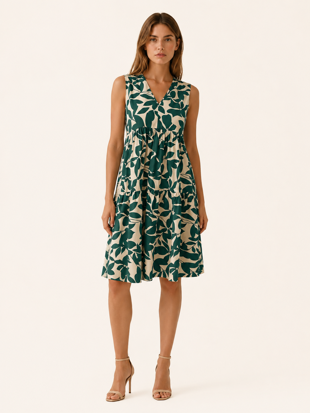 Farren | Summer Leaf Print Mini Dress with V Neck A-Line