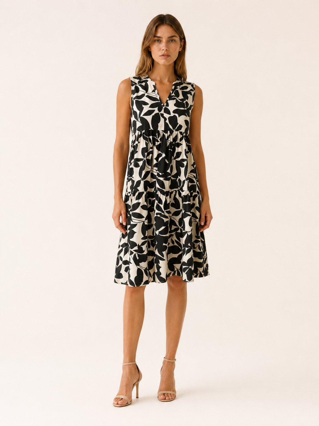 Farren | Summer Leaf Print Mini Dress with V Neck A-Line