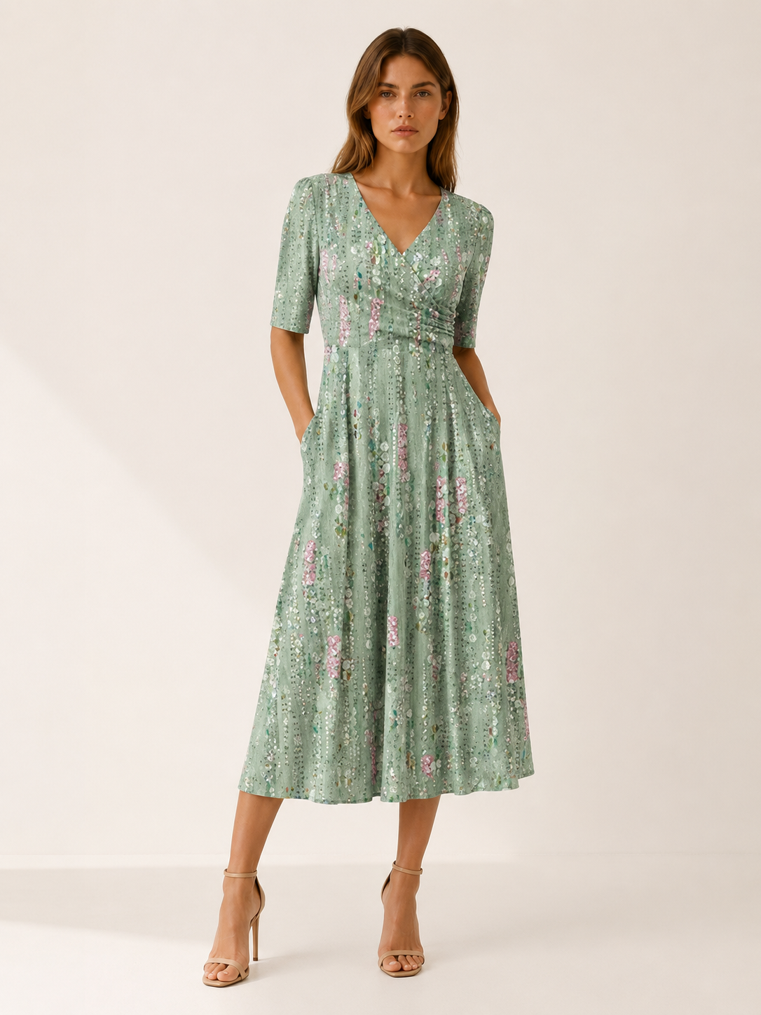 Felicity | Plant Print Midi Dress with Side Pockets