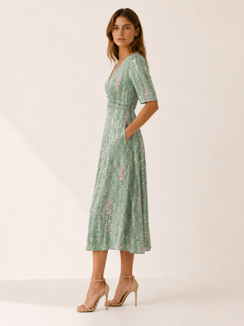 Felicity | Plant Print Midi Dress with Side Pockets