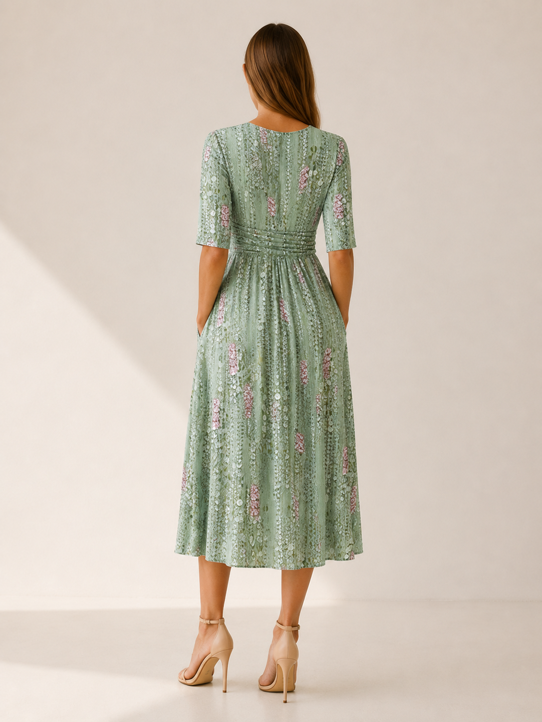 Felicity | Plant Print Midi Dress with Side Pockets