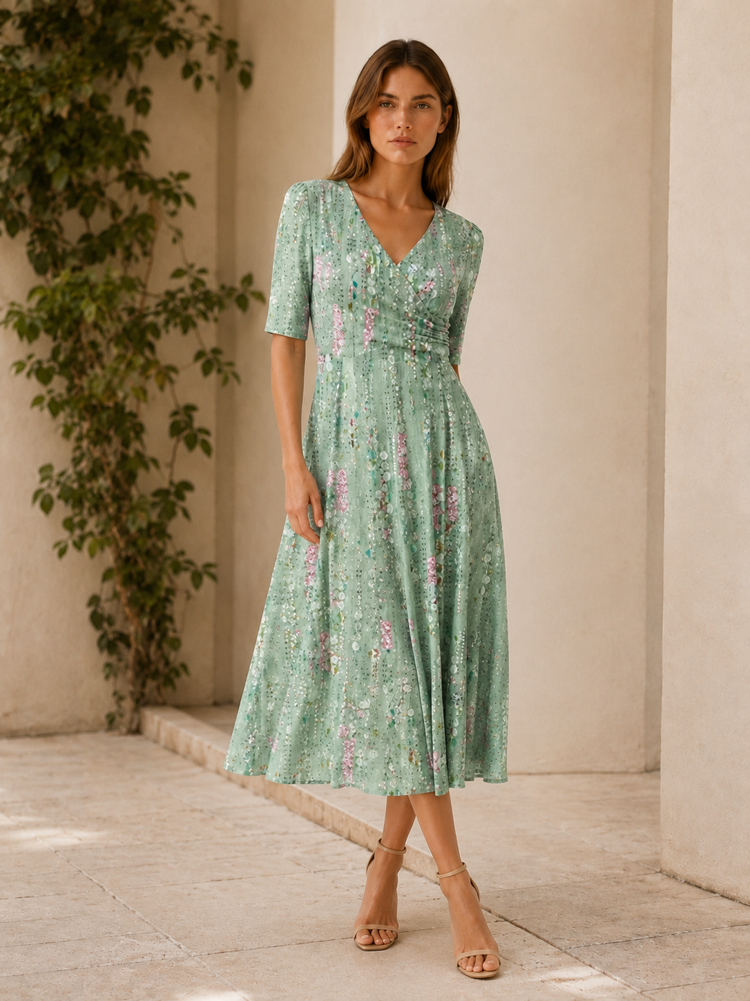 Felicity | Plant Print Midi Dress with Side Pockets