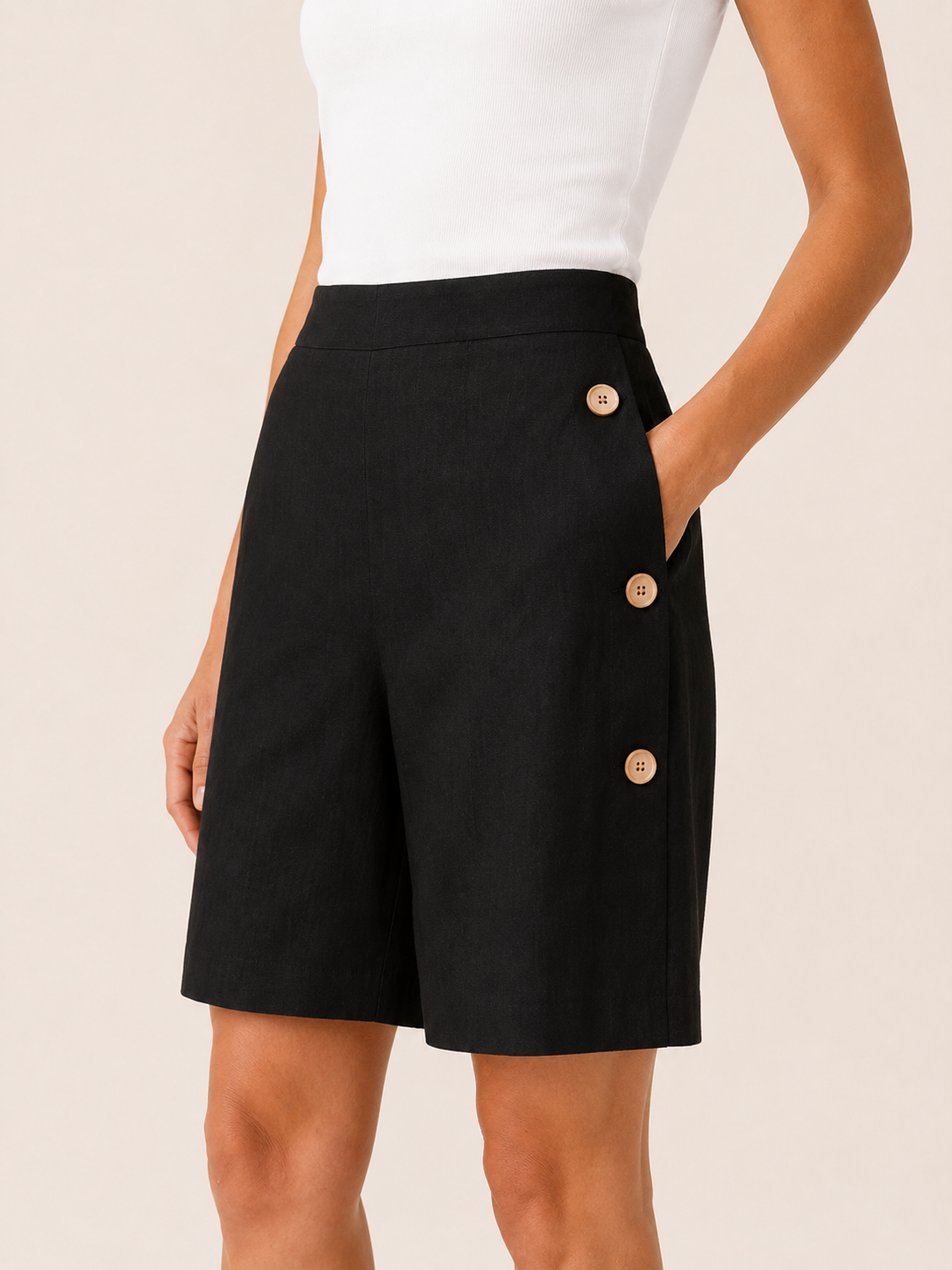 Halle | Women's High Waisted Button Front Tailored Shorts