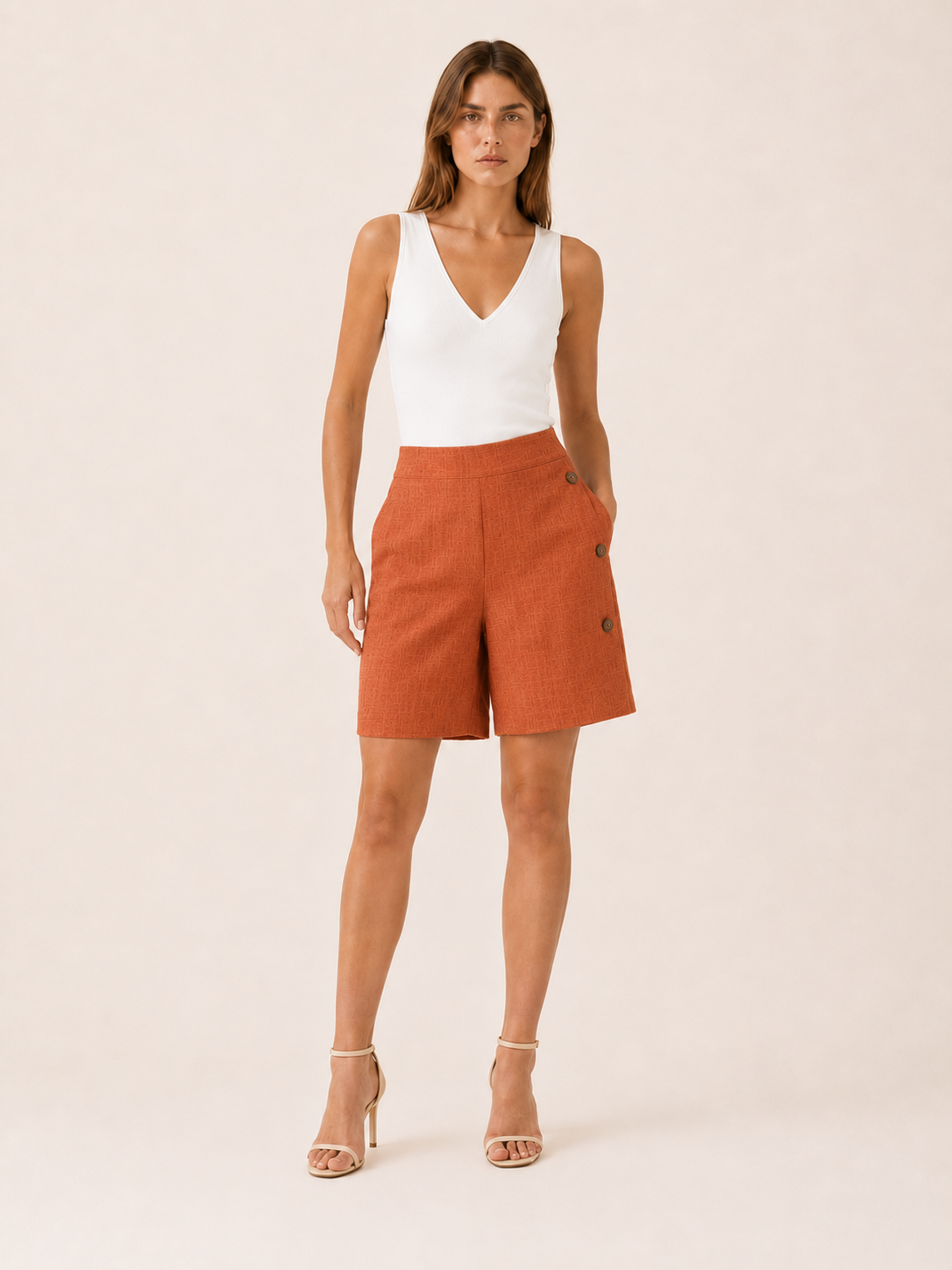 Halle | Women's High Waisted Button Front Tailored Shorts