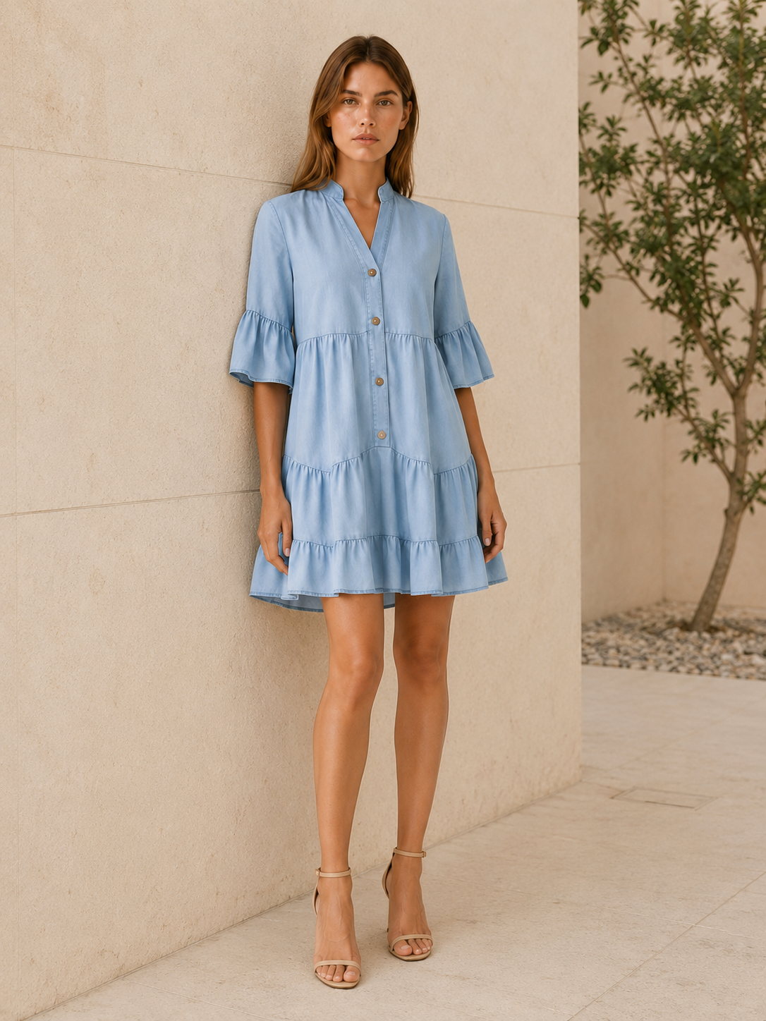 Haven | Mini Dress with Tiered Ruffle Button-Down Detail