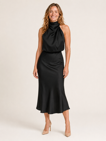 Ilyana | Women's Satin High Neck Wedding Guest Midi Dress