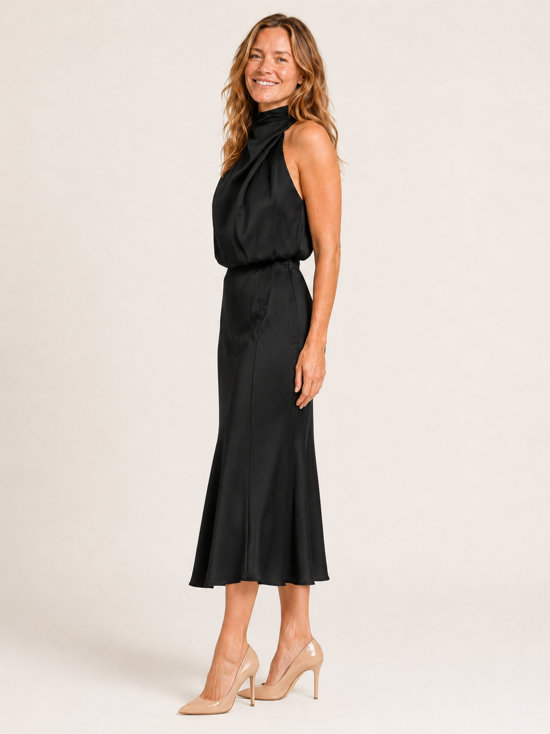 Ilyana | Women's Satin High Neck Wedding Guest Midi Dress