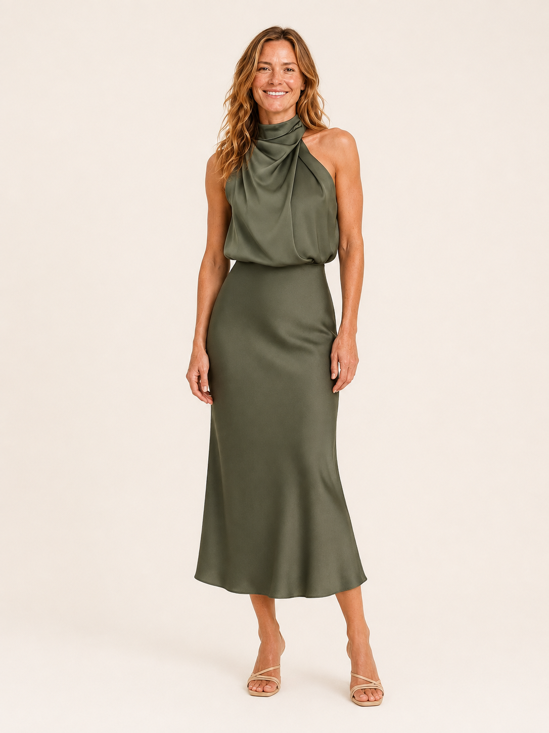 Ilyana | Women's Satin High Neck Wedding Guest Midi Dress