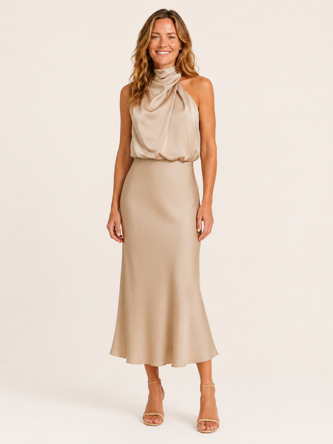 Ilyana | Women's Satin High Neck Wedding Guest Midi Dress