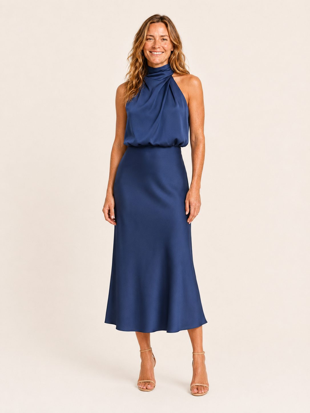 Ilyana | Women's Satin High Neck Wedding Guest Midi Dress