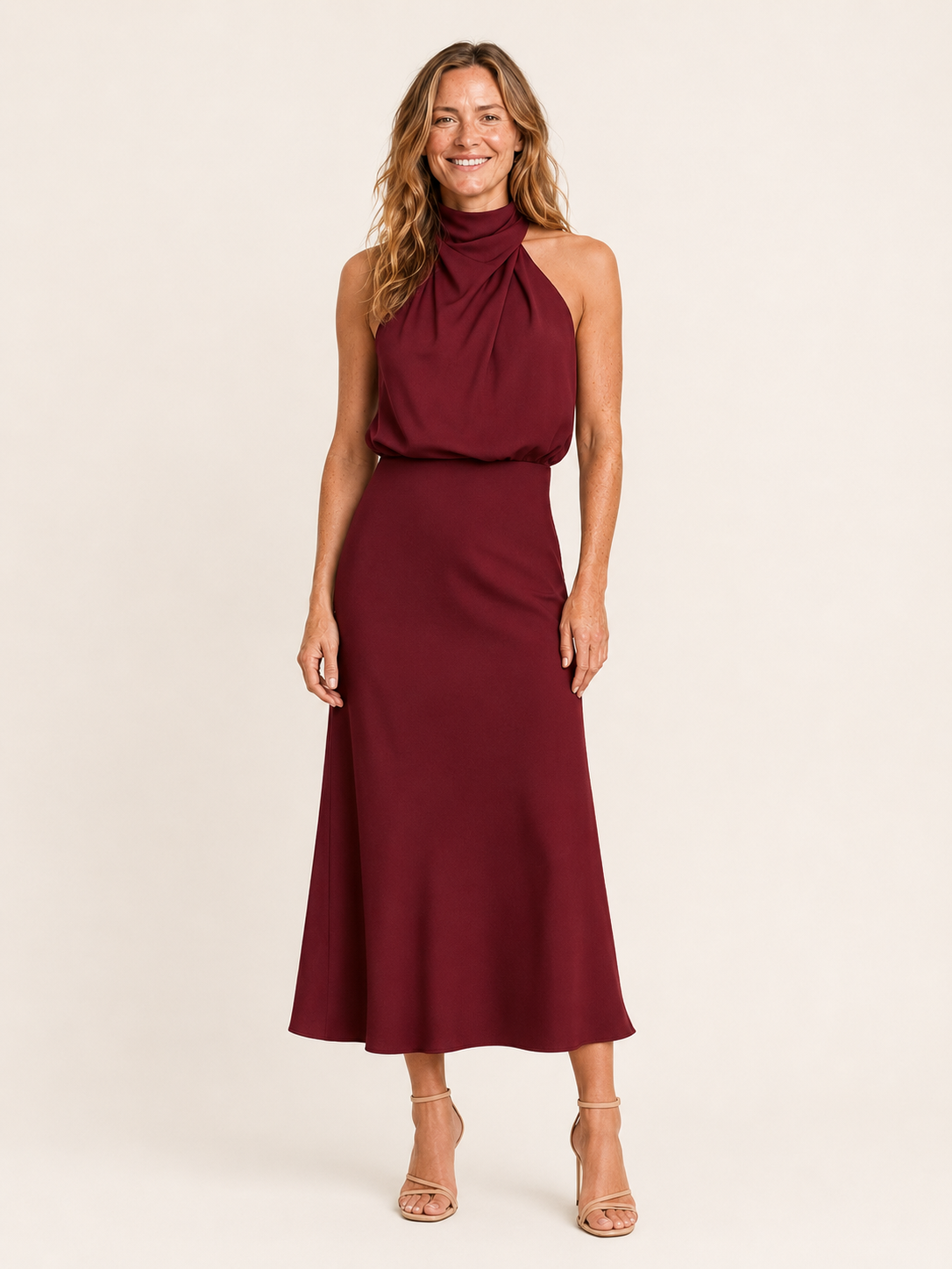 Ilyana | Women's Satin High Neck Wedding Guest Midi Dress
