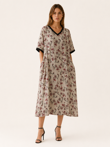 Isabeau | Linen Midi Dress with V Neck Print