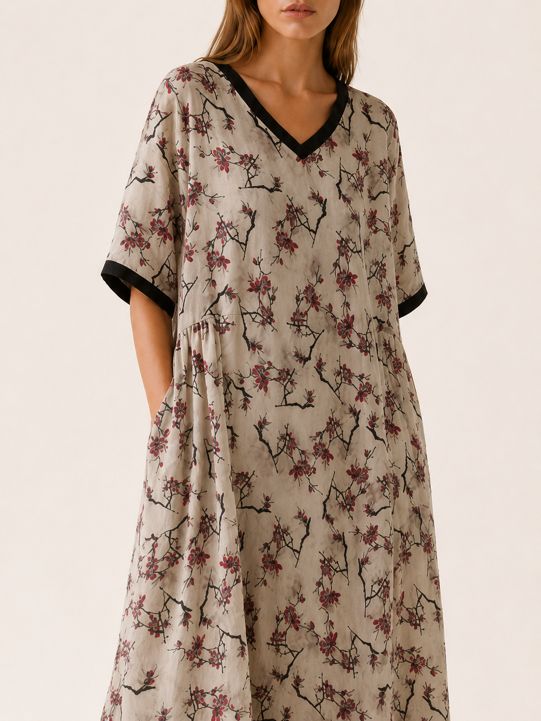 Isabeau | Linen Midi Dress with V Neck Print