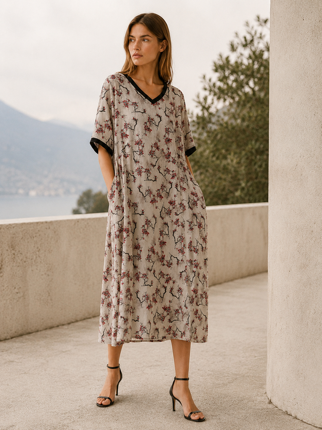 Isabeau | Linen Midi Dress with V Neck Print