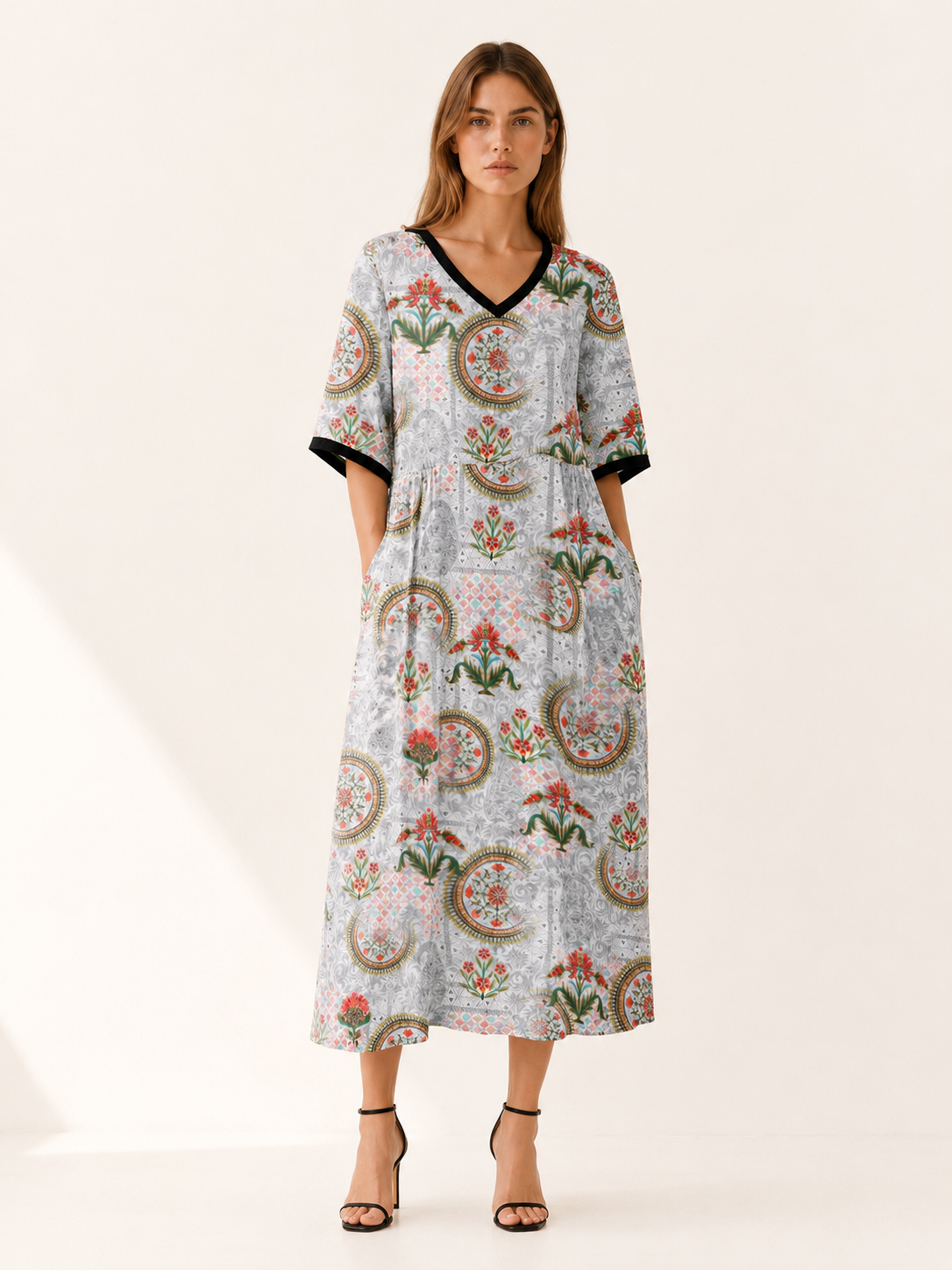 Isabeau | Linen Midi Dress with V Neck Print