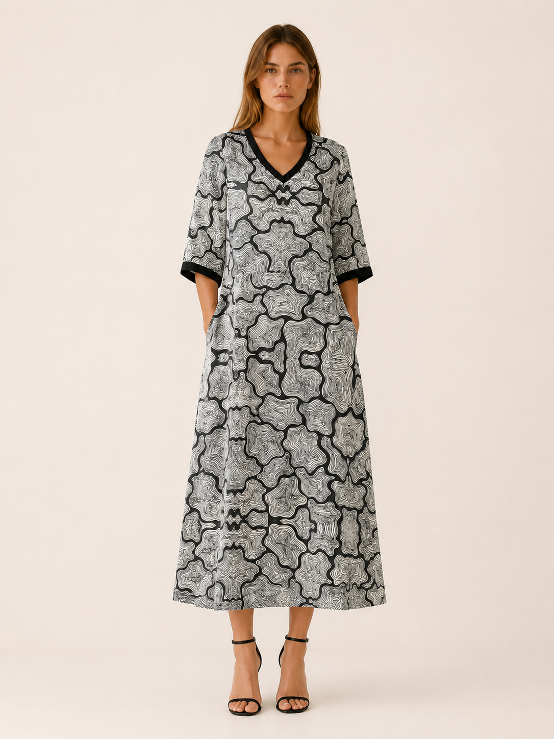 Isabeau | Linen Midi Dress with V Neck Print
