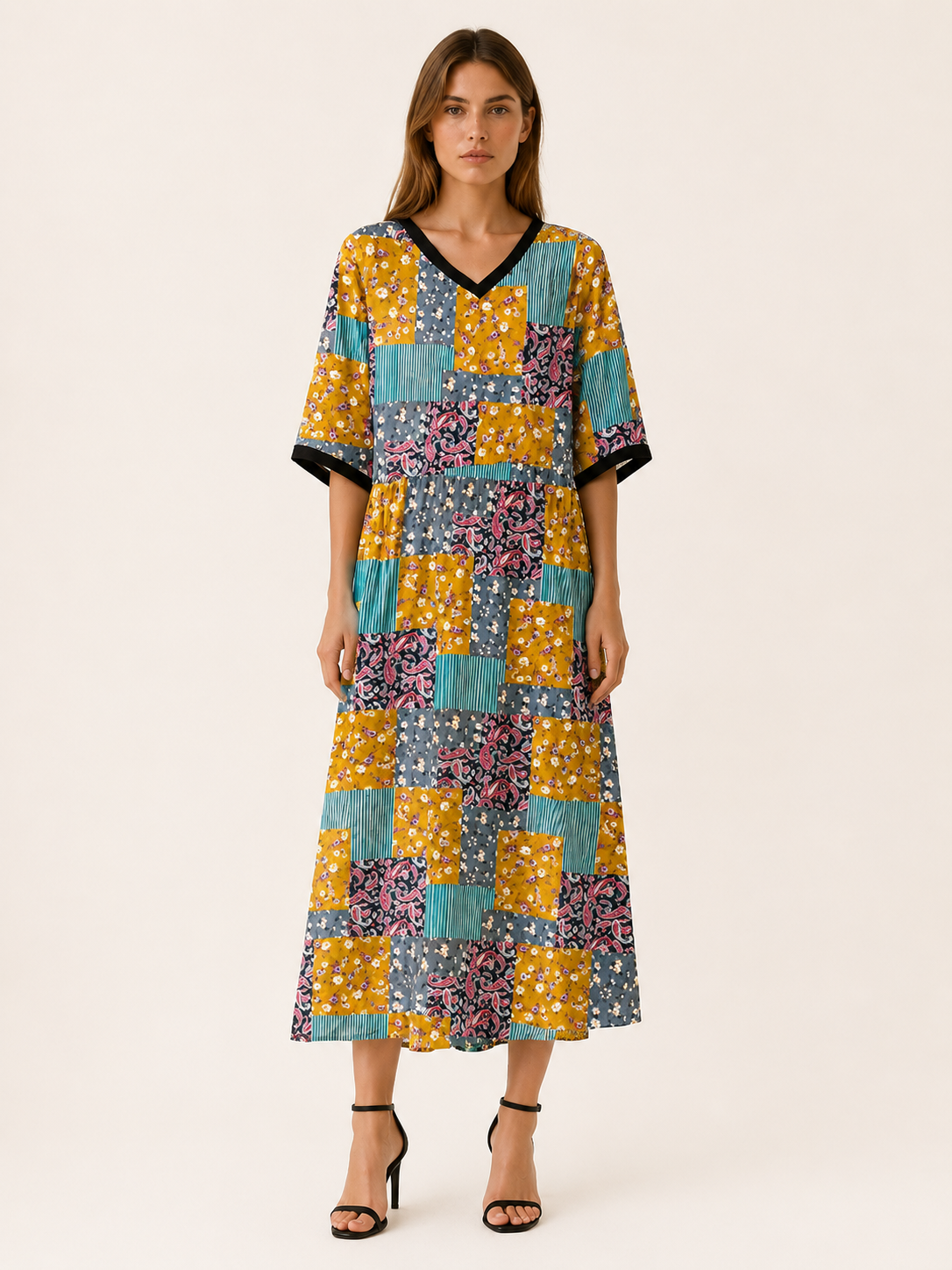Isabeau | Linen Midi Dress with V Neck Print