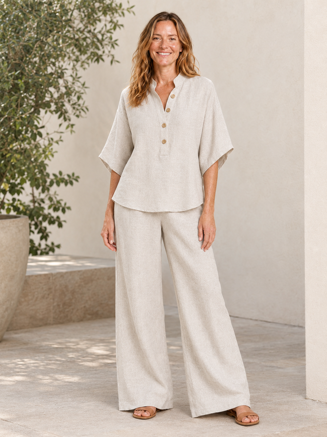 Isadora | Women's Linen Blend Wide Leg Pants Two Piece Set