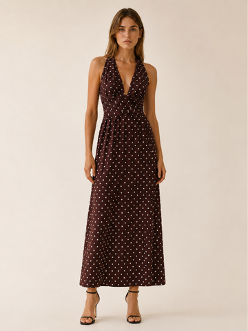 Juno | Polka Dot Maxi Dress with Halter Neck and Smocked Bodice