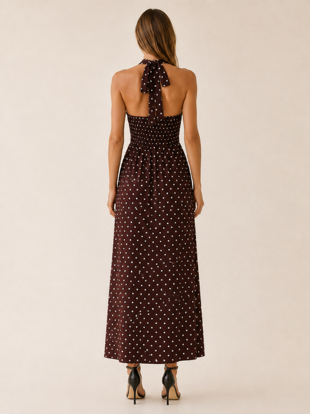 Juno | Polka Dot Maxi Dress with Halter Neck and Smocked Bodice
