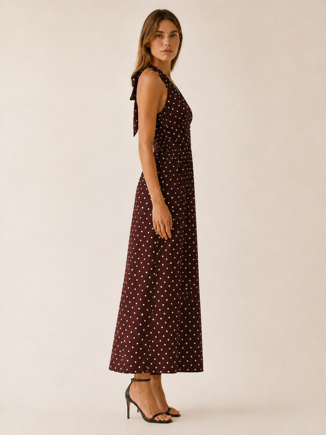 Juno | Polka Dot Maxi Dress with Halter Neck and Smocked Bodice