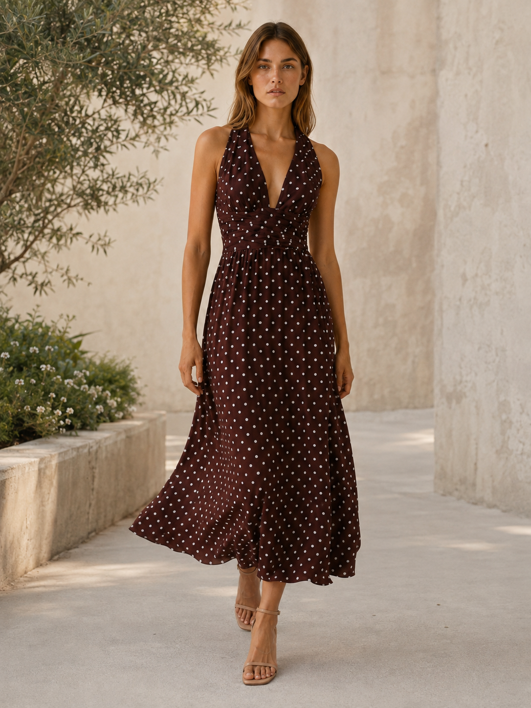 Juno | Polka Dot Maxi Dress with Halter Neck and Smocked Bodice