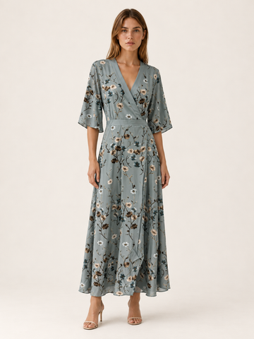 Kyranel | Floral Maxi Dress with V Neck Wrap Front