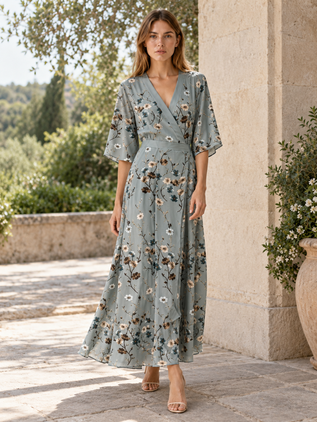 Kyranel | Floral Maxi Dress with V Neck Wrap Front