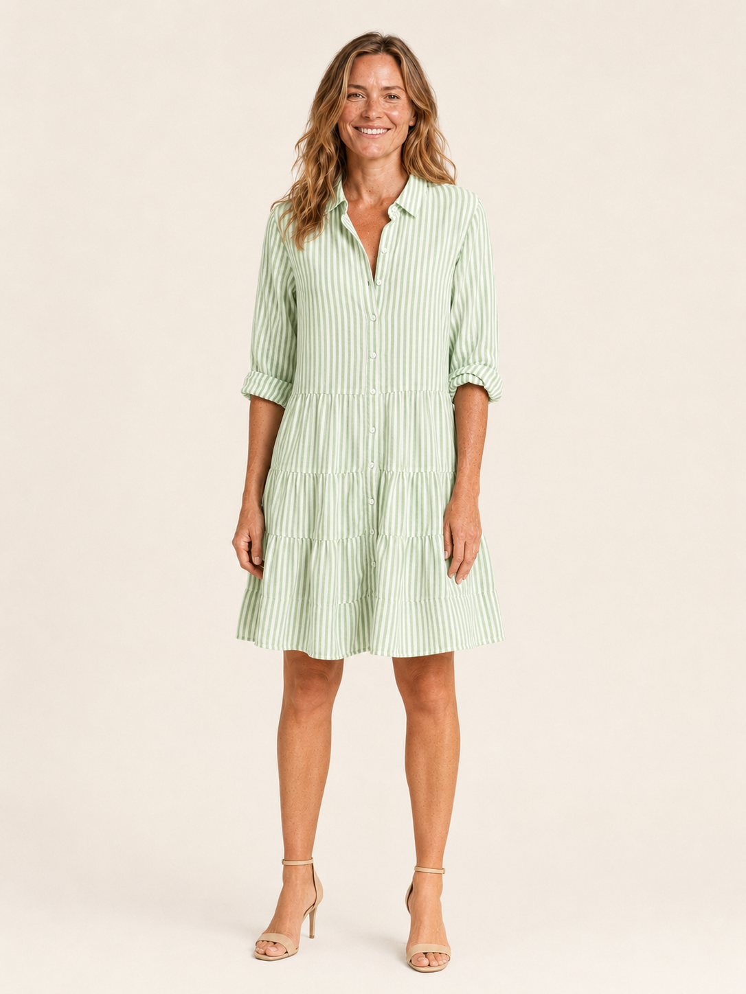 Lenora | Women's Striped Button Front Midi Shirt Dress