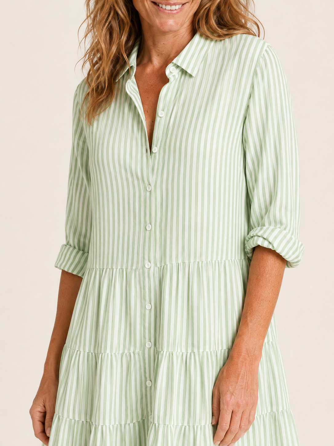 Lenora | Women's Striped Button Front Midi Shirt Dress
