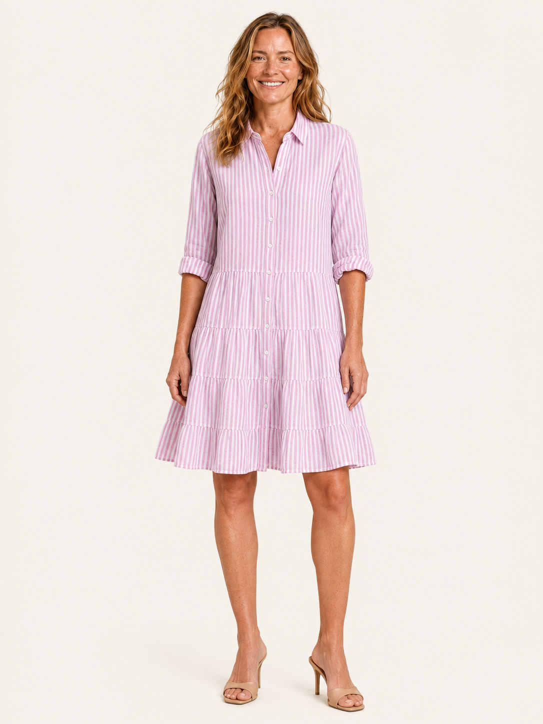 Lenora | Women's Striped Button Front Midi Shirt Dress