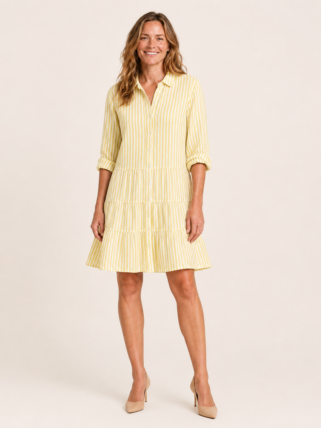 Lenora | Women's Striped Button Front Midi Shirt Dress