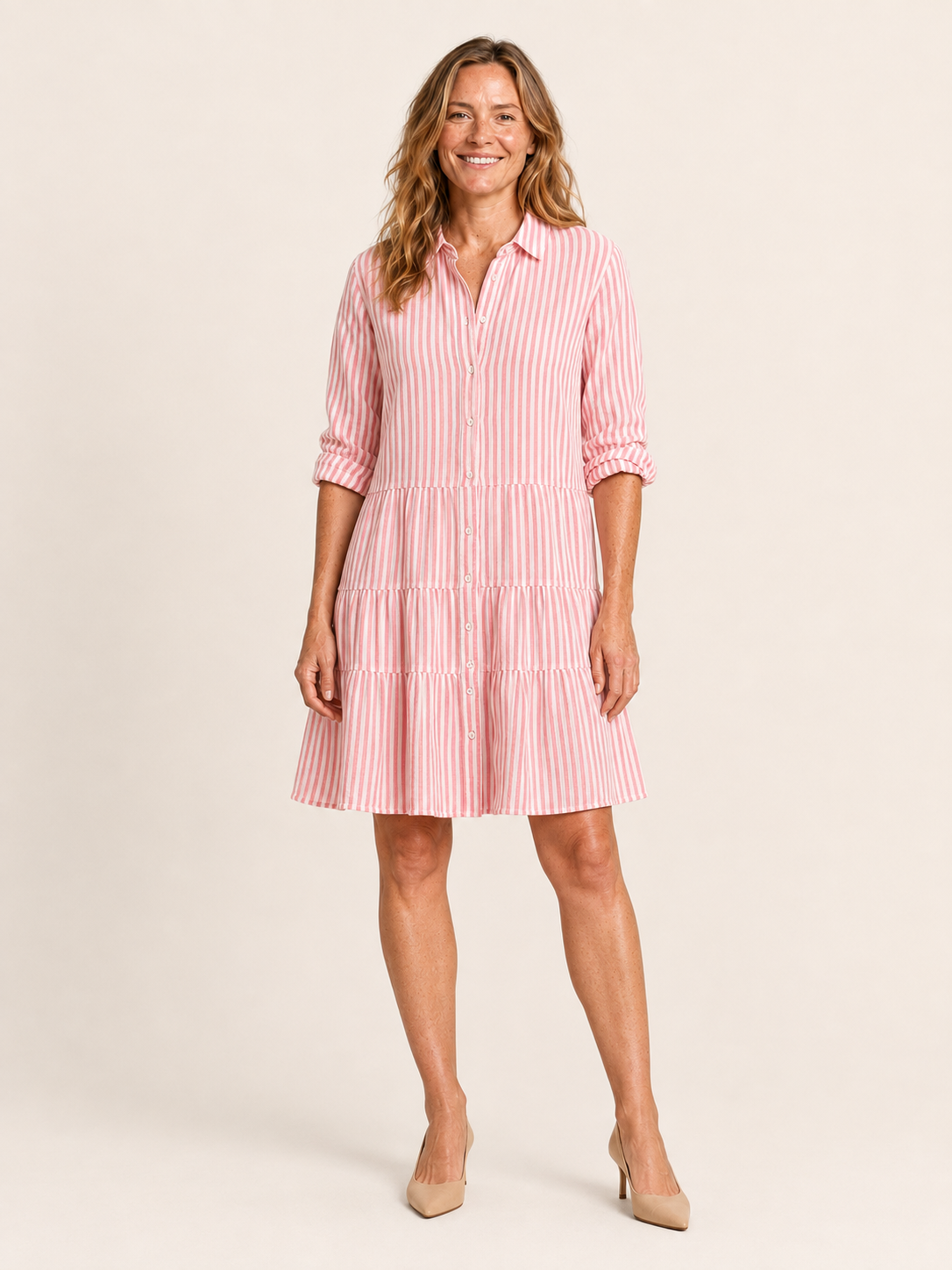 Lenora | Women's Striped Button Front Midi Shirt Dress