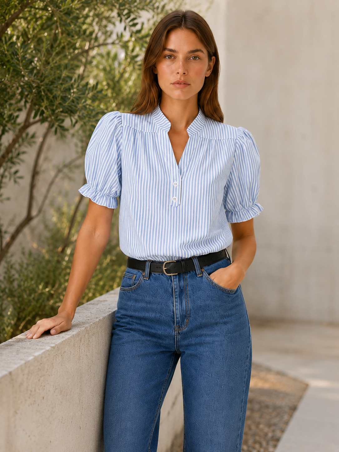 Lilwen | Women's Striped Puff Sleeve Summer Blouse