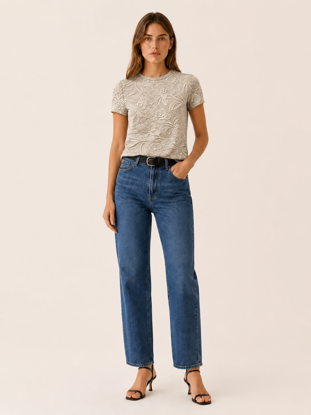 Madora | Women's Floral Textured Round Neck Blouse