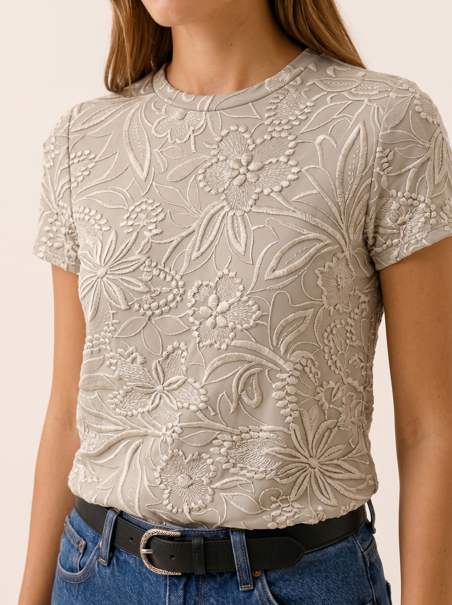Madora | Women's Floral Textured Round Neck Blouse