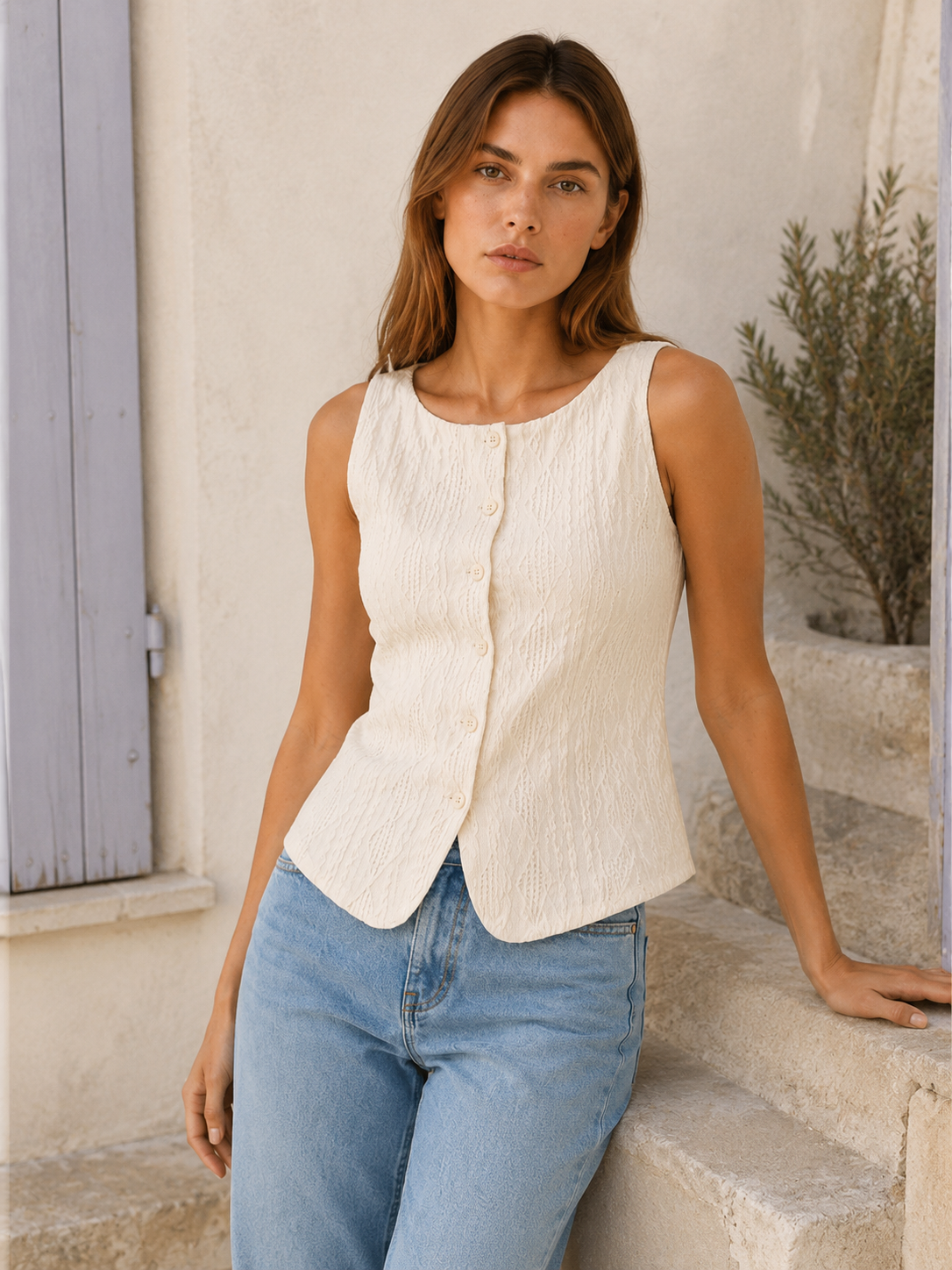Mae | Women's Button Front Boat Neck Tank Top
