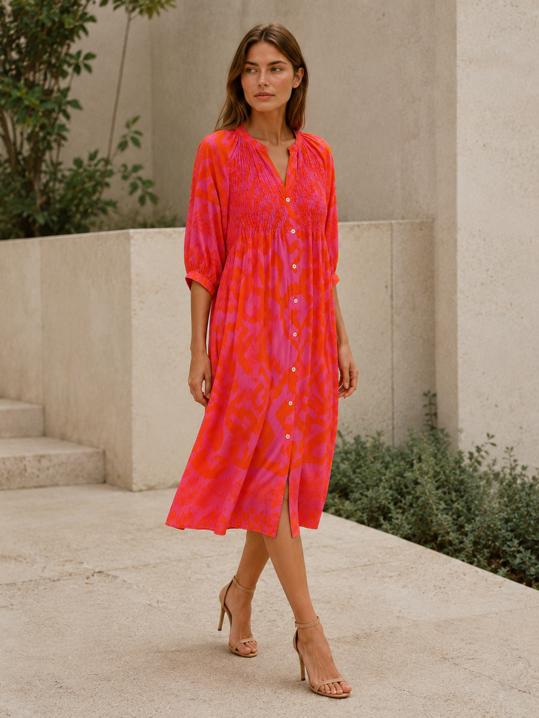 Maia | Print Midi Dress with Shirred Bodice