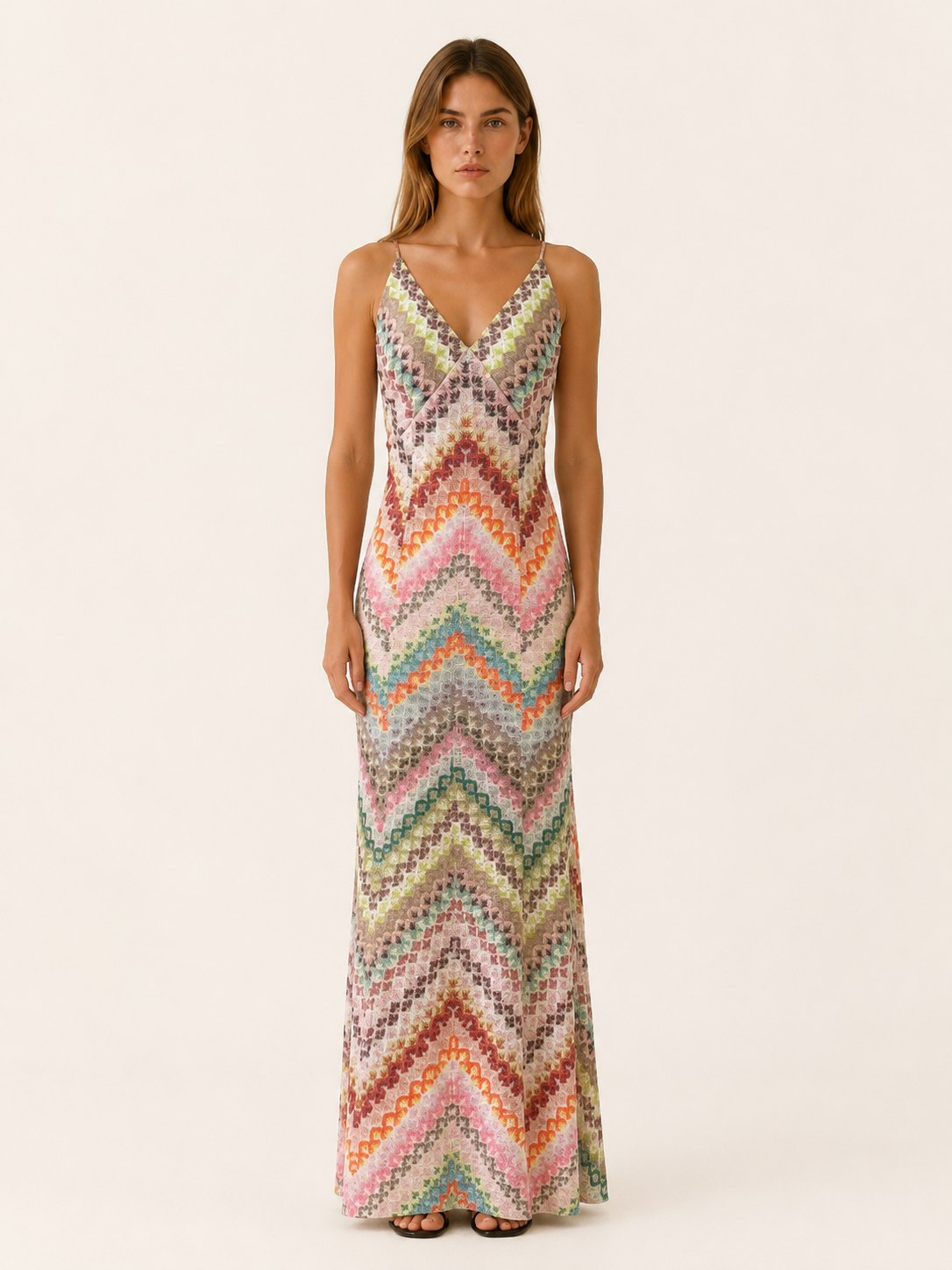 Maren | Knit Maxi Dress with Chevron Pattern and V Neck