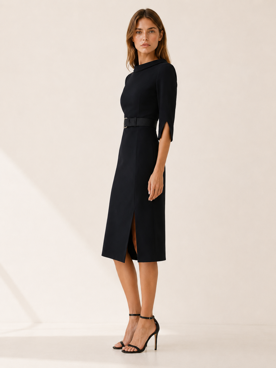 Marena | Midi Dress with Belted Waist and Sleeve Slits